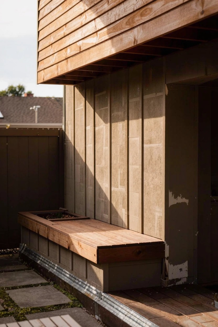 Corner of a house exterior with vertical wood siding above board-formed concrete panels that include a built-in wooden bench, next to pavers and a wooden deck area.