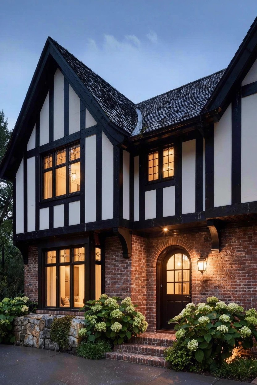 Two-story Tudor-style house at dusk with black timber framing on white walls, brick foundation and entry archway, dark wood door, lit windows, hydrangea bushes, and stone retaining wall along driveway.