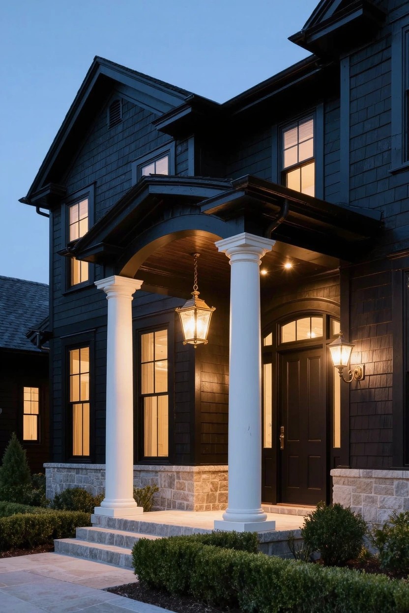 A two-story house painted black with white columns supporting the covered front porch, hanging lanterns, stone foundation, boxwood shrubs along the base, concrete steps, and a dark front door at dusk.