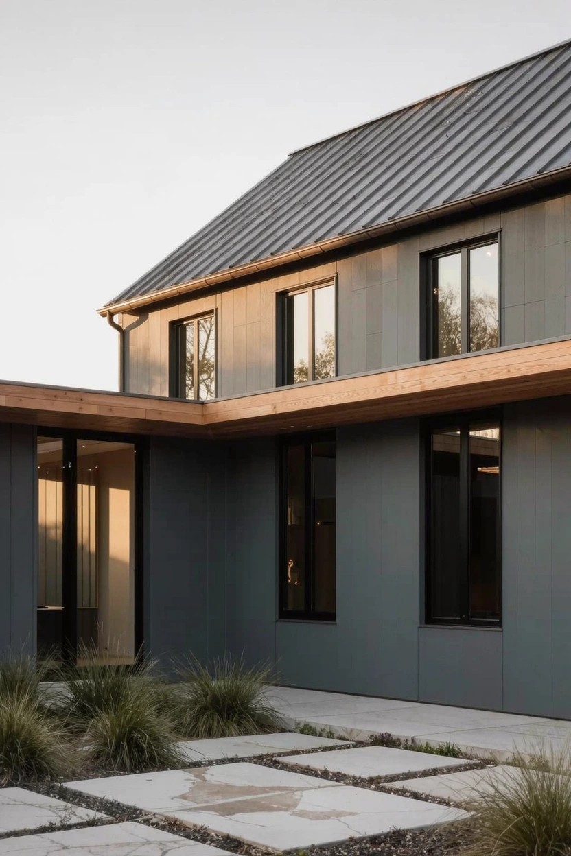 Modern two-story house exterior with dark gray vertical siding, dark standing seam metal roof, large black-framed windows, wooden cantilevered upper section, glass entry doors, and concrete paver pathway edged with grasses.