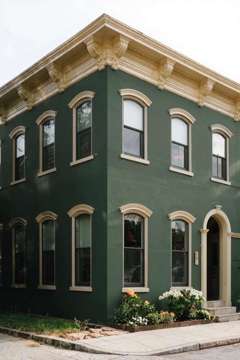 Corner view of a two-story green house with cream cornice trim, multiple arched windows, and a flower bed by the front steps.