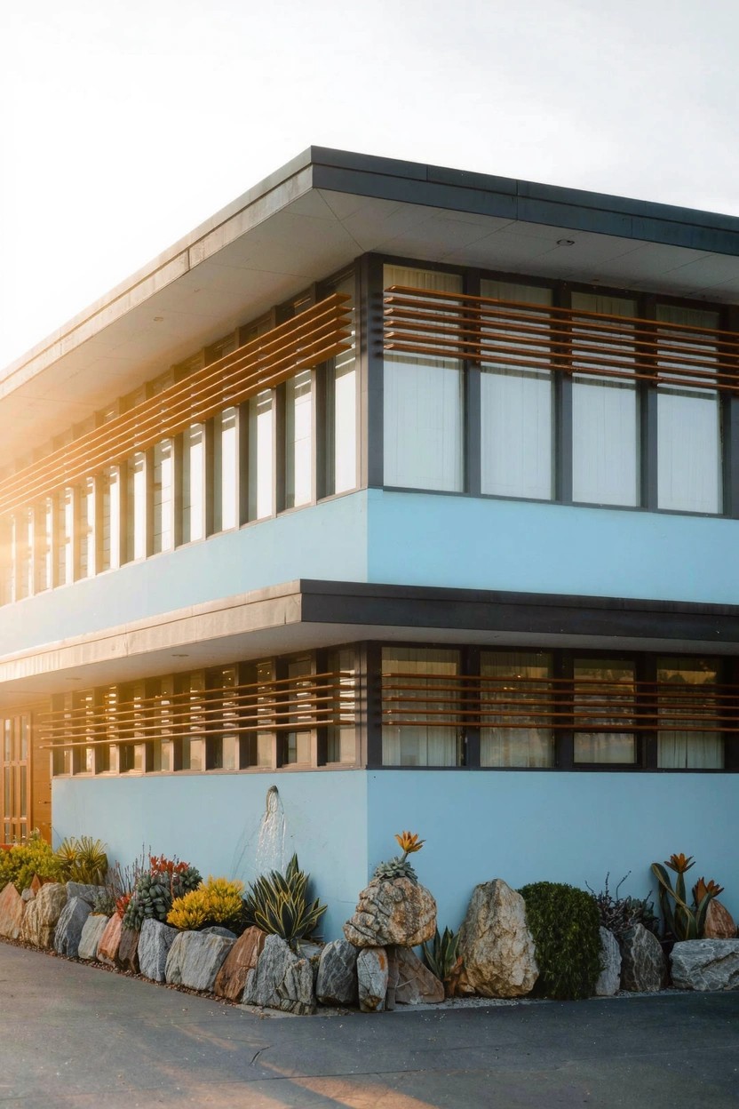 Corner view of a two-story light blue house with flat overhanging roof, horizontal wooden slats over large windows, and rock-bordered landscaping with succulents and flowers.