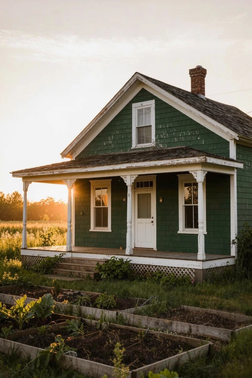 Green clapboard house with white window frames, door, and porch columns, steps leading to raised garden beds in a field at sunset.