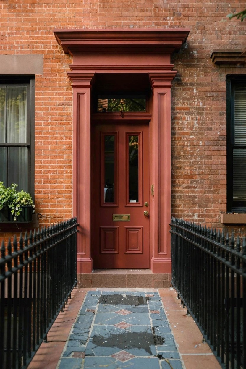 Red double front door with matching red frame on a brick townhouse, accessed by a black wrought iron railing and stone-paved walkway.