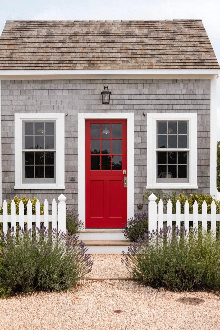 Gray shingled house with white-framed windows, red front door, lantern light, white picket fence, lavender plants, and gravel path.