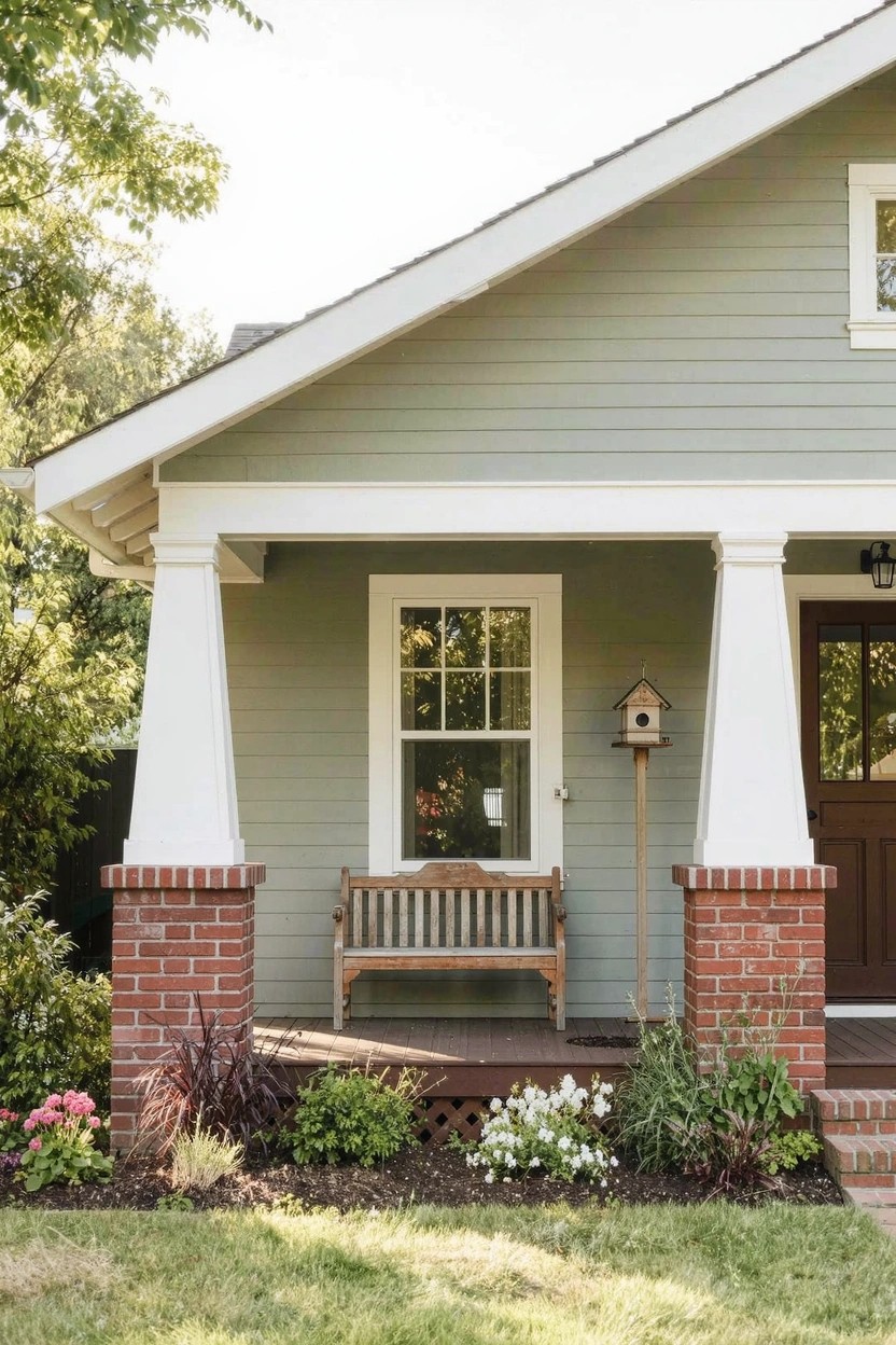 Light sage green clapboard siding on a one-story house with white trim, covered front porch supported by white columns on brick piers, wooden slat bench on porch, dark paneled front door, birdhouse on pole, and landscaped yard with flowers and shrubs.