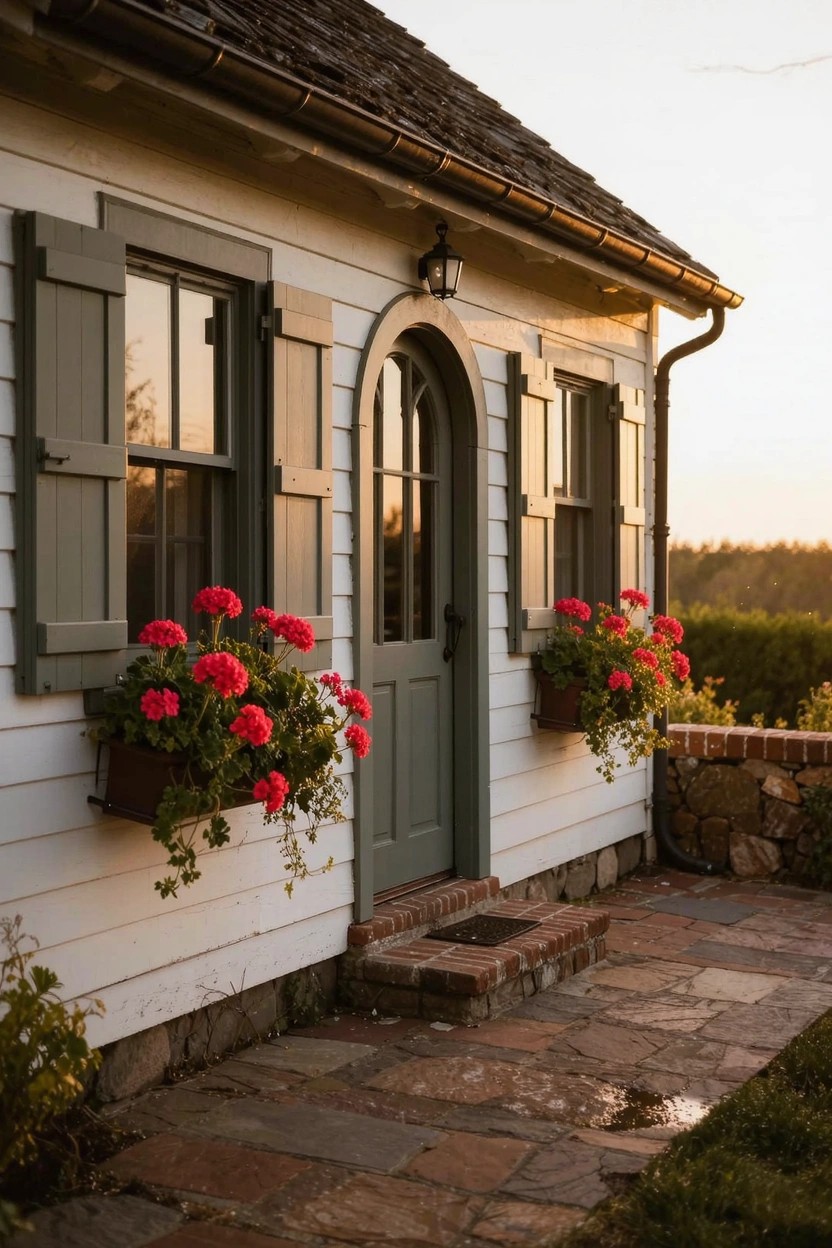 Small white clapboard house with sage green shutters on double windows, sage green arched front door, red geraniums in window boxes, lantern light, shingle roof, and stone pathway leading to brick steps at sunset.
