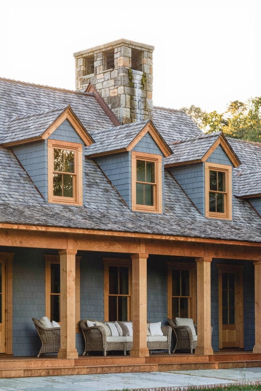 House exterior featuring light blue clapboard siding, wooden porch with columns and wicker chairs, shake shingle roof, three dormer windows, and a tall stone chimney.