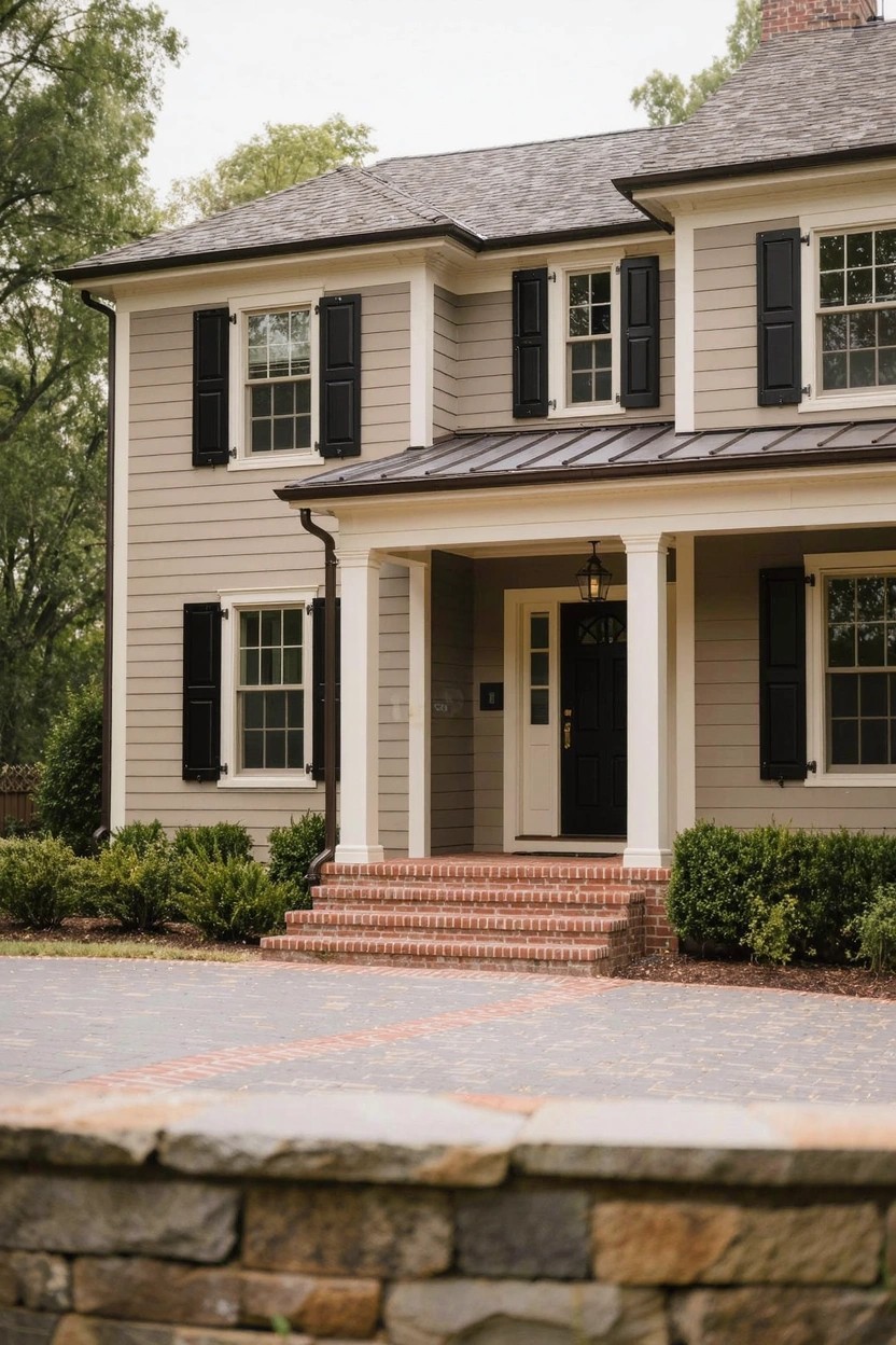 Two-story house with light gray shingle siding, black shutters and front door, white window trim and porch columns, brick steps, stone wall, and boxwood shrubs.