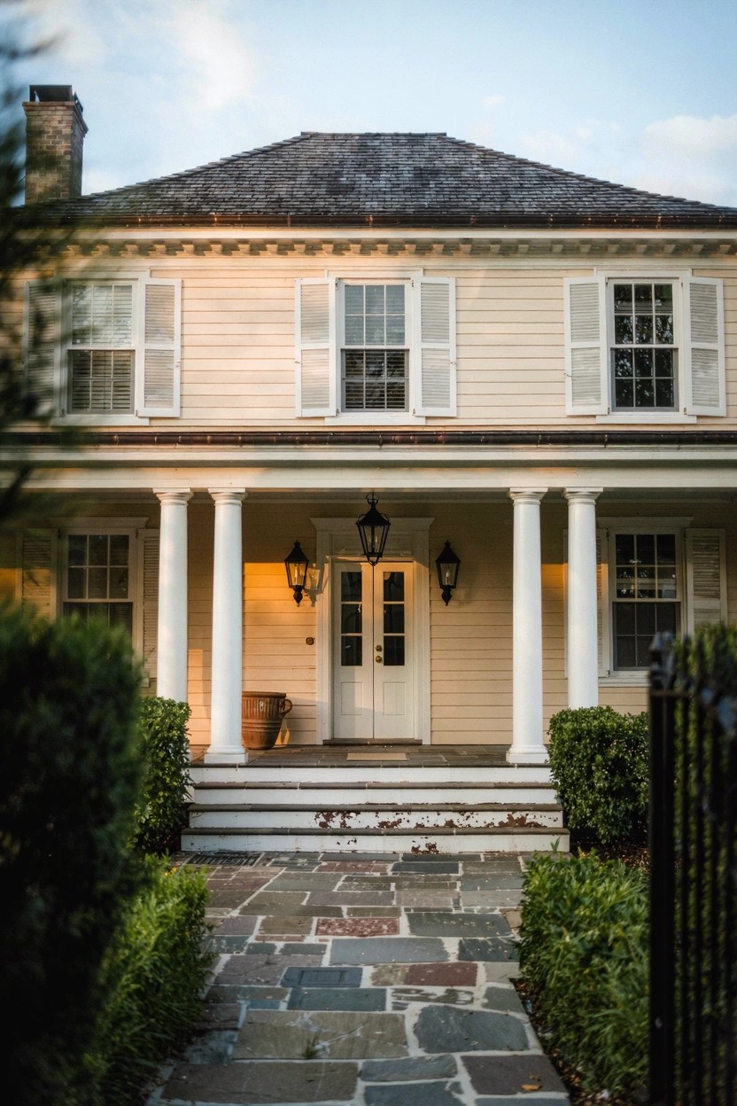 Two-story clapboard house painted pale yellow with white shutters and trim, columned front porch with lanterns and double doors, stone pathway steps flanked by hedges and black iron gate.