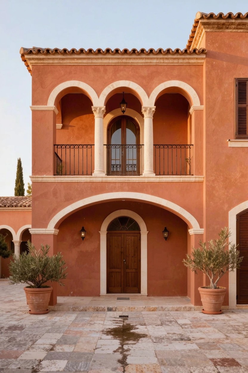 Terracotta stucco house exterior with white arches, wooden doors, a balcony with iron railing, lanterns, and potted olive trees on a stone-paved courtyard.