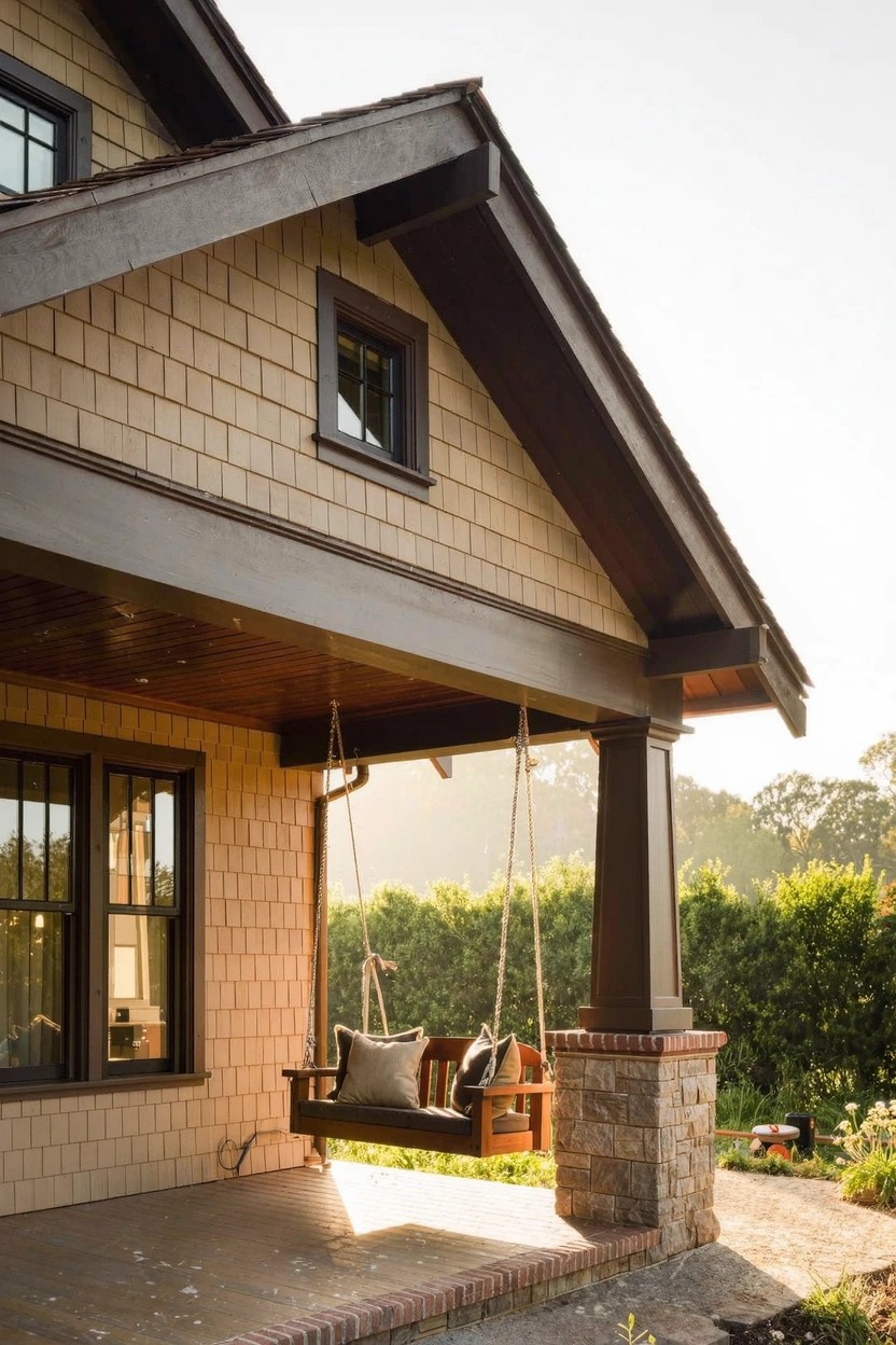 Side view of a beige shingle house with dark brown trim and roof, covered porch supported by stone pillars holding a hanging swing with cushions, hedges and trees in the background at sunset.