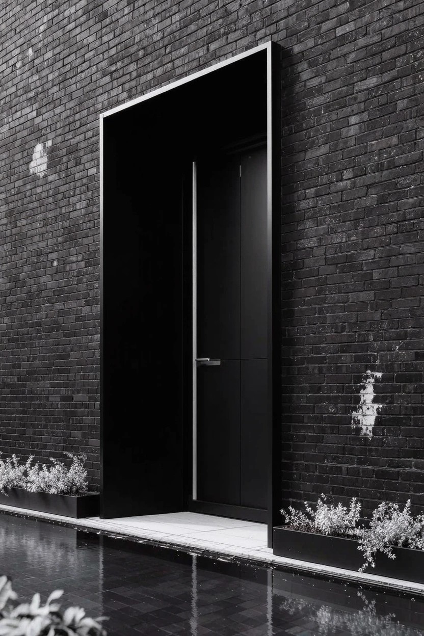 Black and white photo of a brick house exterior with a tall open black door inside a slim black metal frame, potted plants on both sides, and a reflective dark floor.
