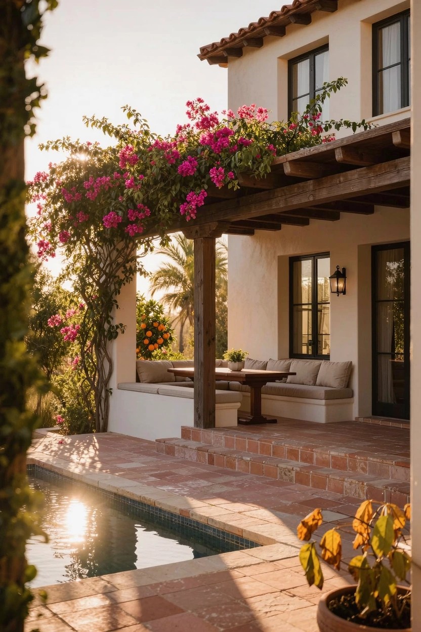 White stucco house exterior featuring a wooden pergola draped in pink bougainvillea overhanging cushioned bench seating on a terracotta-tiled patio beside a pool, with palm trees, greenery, and potted plants nearby.