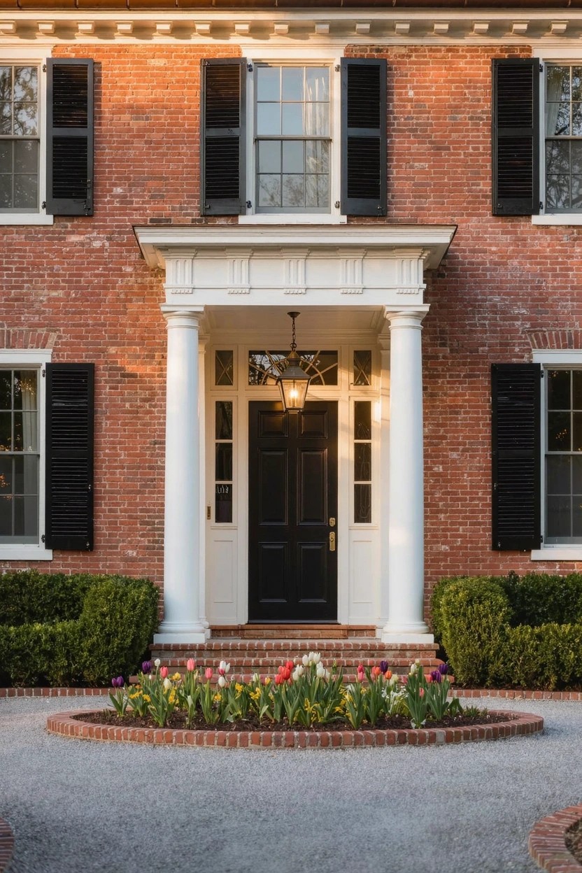 Red brick two-story house with black shutters on windows, centered black front door under white pediment supported by fluted columns, boxwood shrubs on sides, tulips in circular brick bed, gravel path in front.