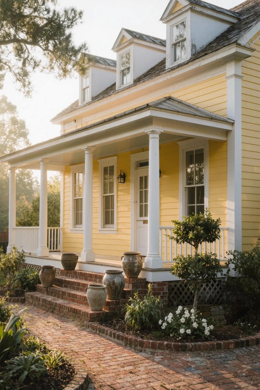 Yellow clapboard house with white trim and columned front porch on brick steps, flanked by potted plants and landscaping.