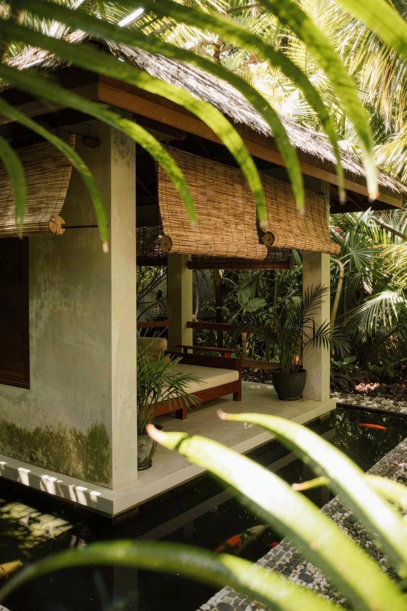 Wooden pavilion with thatched roof and bamboo blinds elevated over a koi pond surrounded by tropical plants and palm fronds, with a cushioned daybed on the platform.
