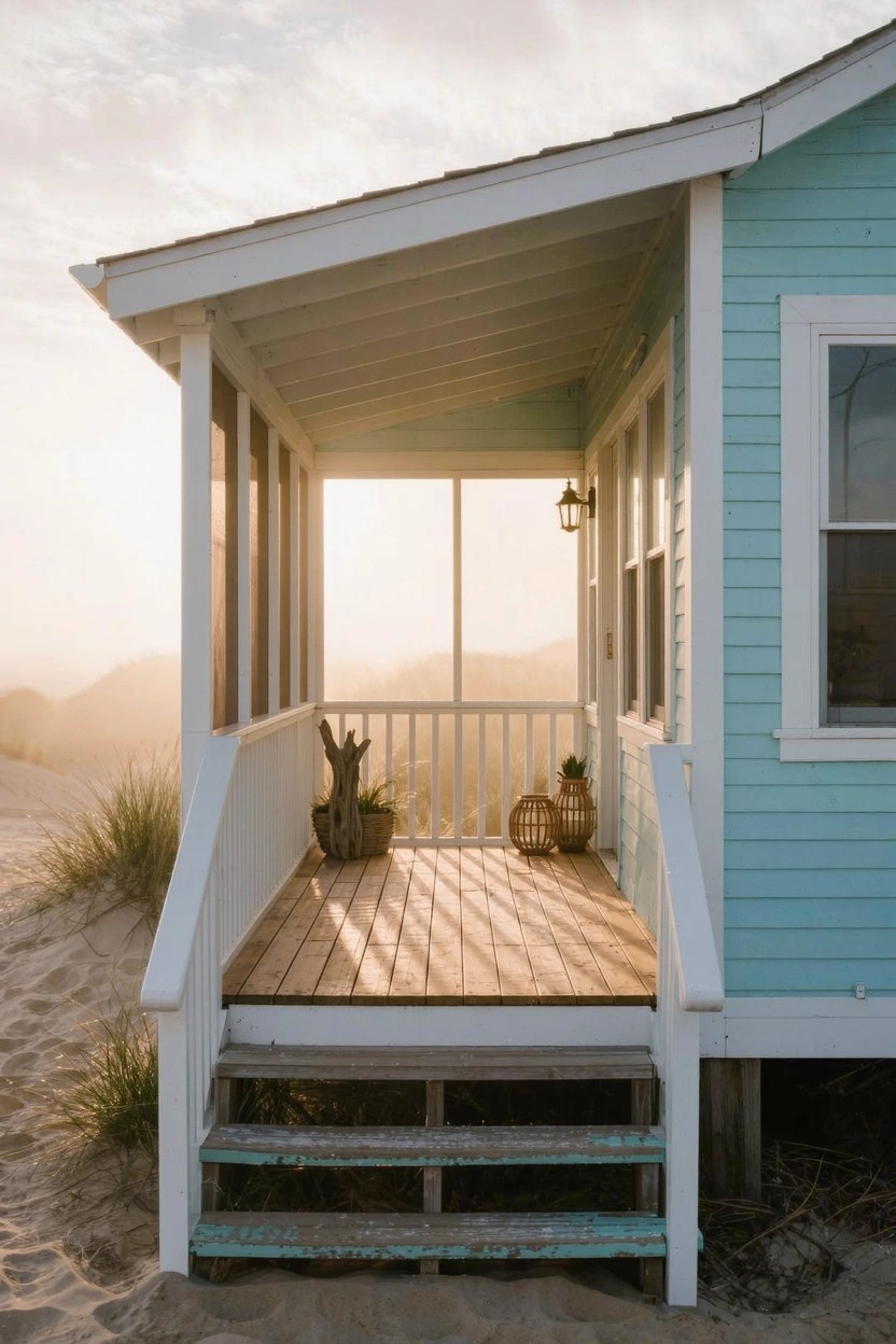 Light turquoise beach house elevated on wooden posts with a screened porch, wooden deck stairs leading to sand, potted plants and driftwood on the porch, beach grass and dunes in the background at sunset.
