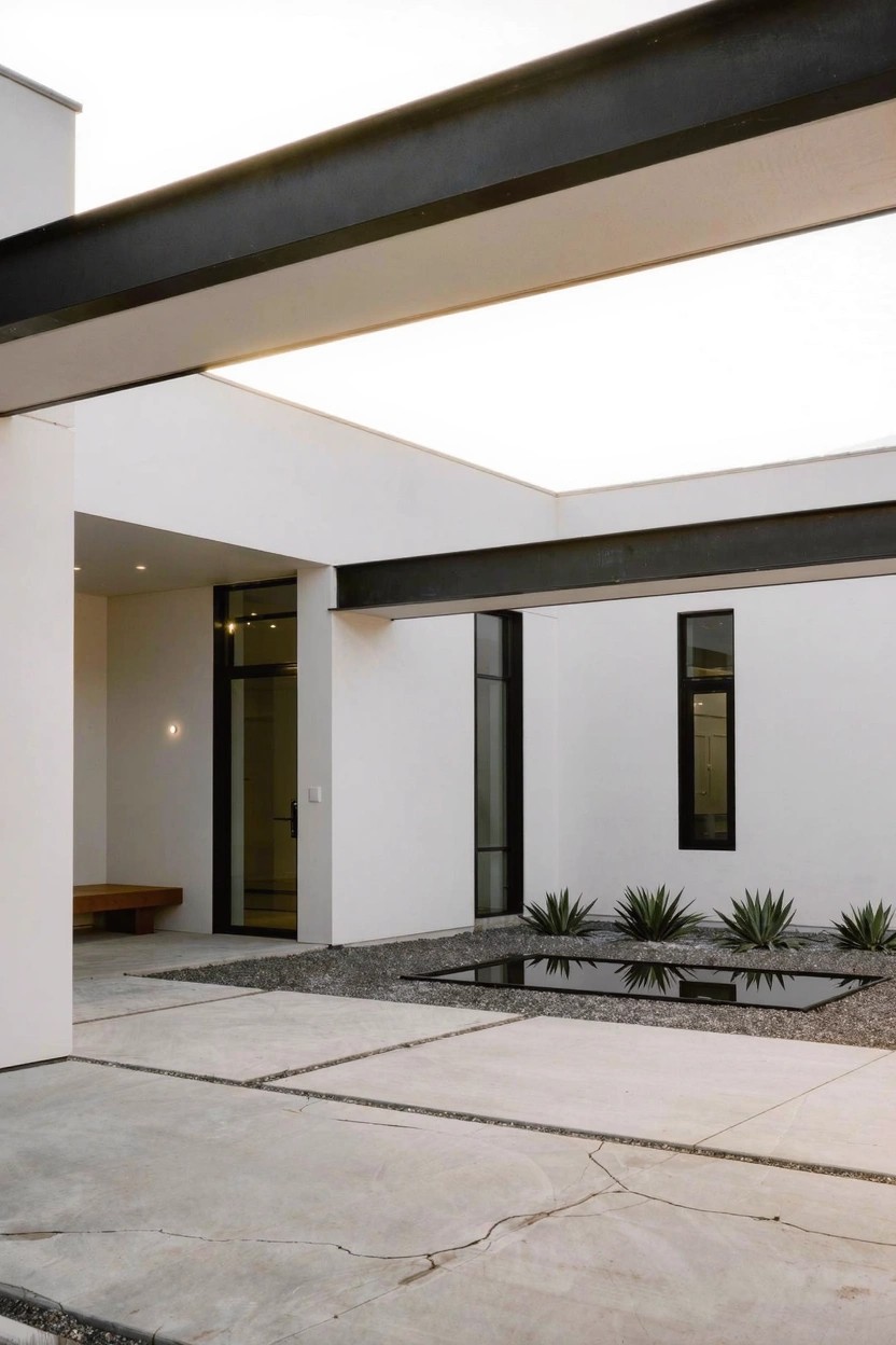 White stucco house exterior with black steel window and door frames, recessed courtyard entry containing a rectangular reflecting pool surrounded by gravel and agave plants, concrete pavers, and a wooden bench.