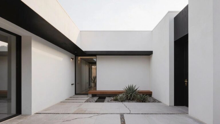 White stucco house exterior with black steel window and door frames, recessed courtyard entry containing a rectangular reflecting pool surrounded by gravel and agave plants, concrete pavers, and a wooden bench.