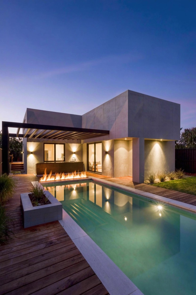 Modern gray concrete house exterior at dusk with glass walls opening to a wooden deck, narrow pool with linear fire pit along the edge, pergola cover, and low plantings.