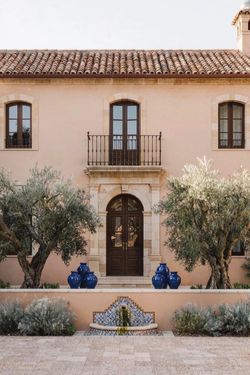 Olive Trees Flanking the Front Entry