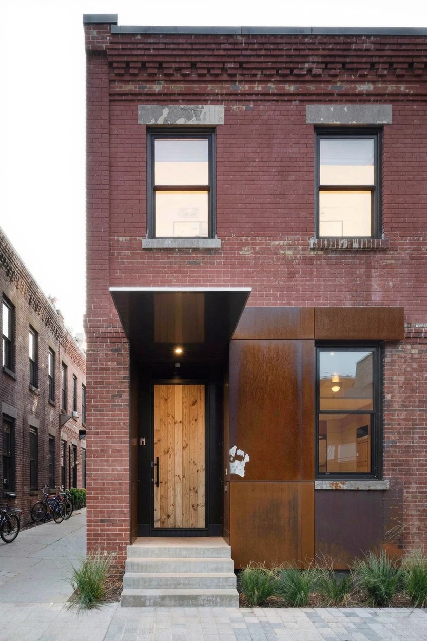 Red brick two-story rowhouse with corten steel canopy and side panels over a wooden front door, concrete steps, and grasses in a city setting.