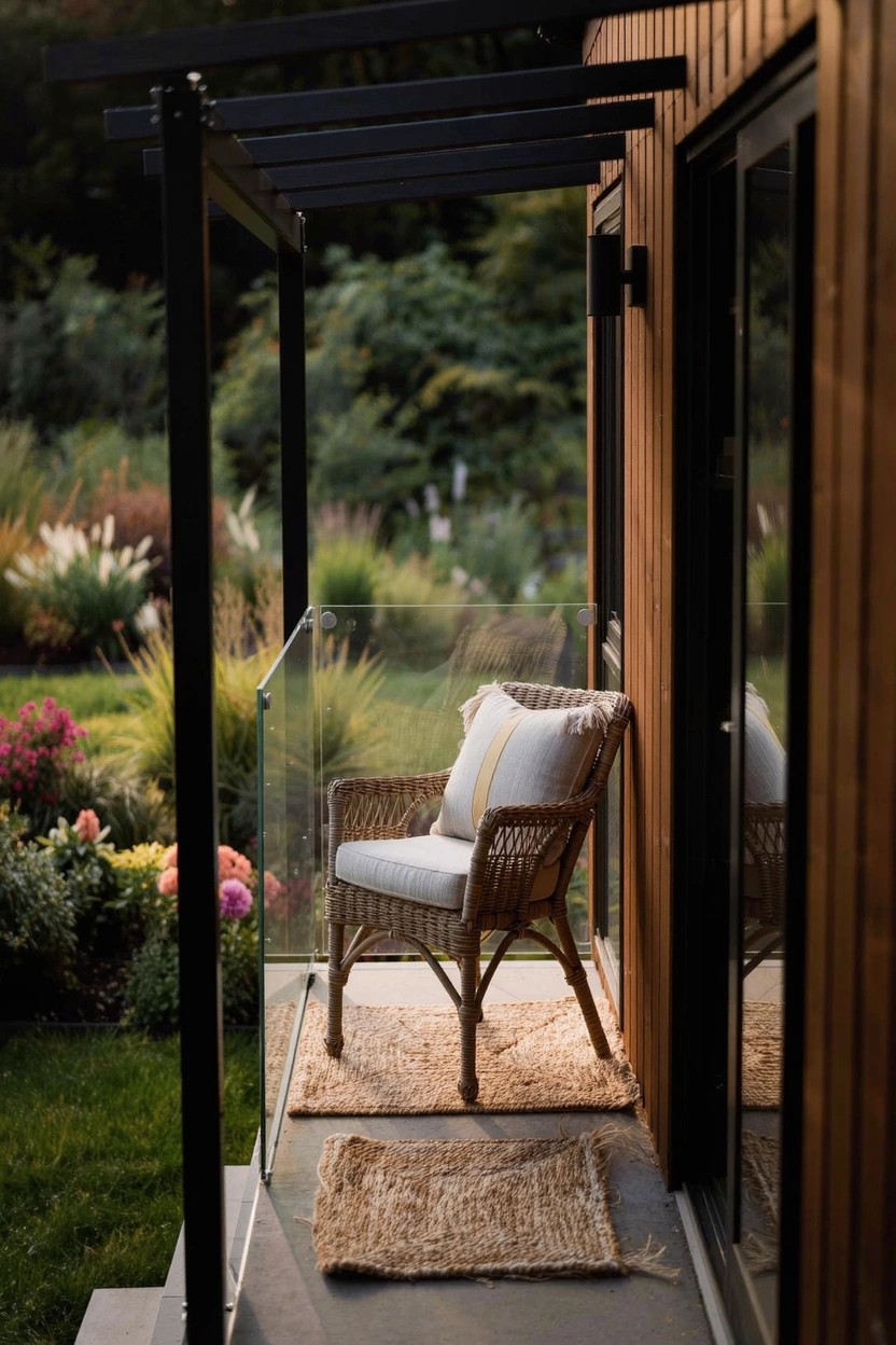 Wooden-clad house exterior with a balcony deck featuring a cushioned wicker armchair, two rugs, glass balustrade, black metal supports, and adjacent garden beds of grasses and flowers.