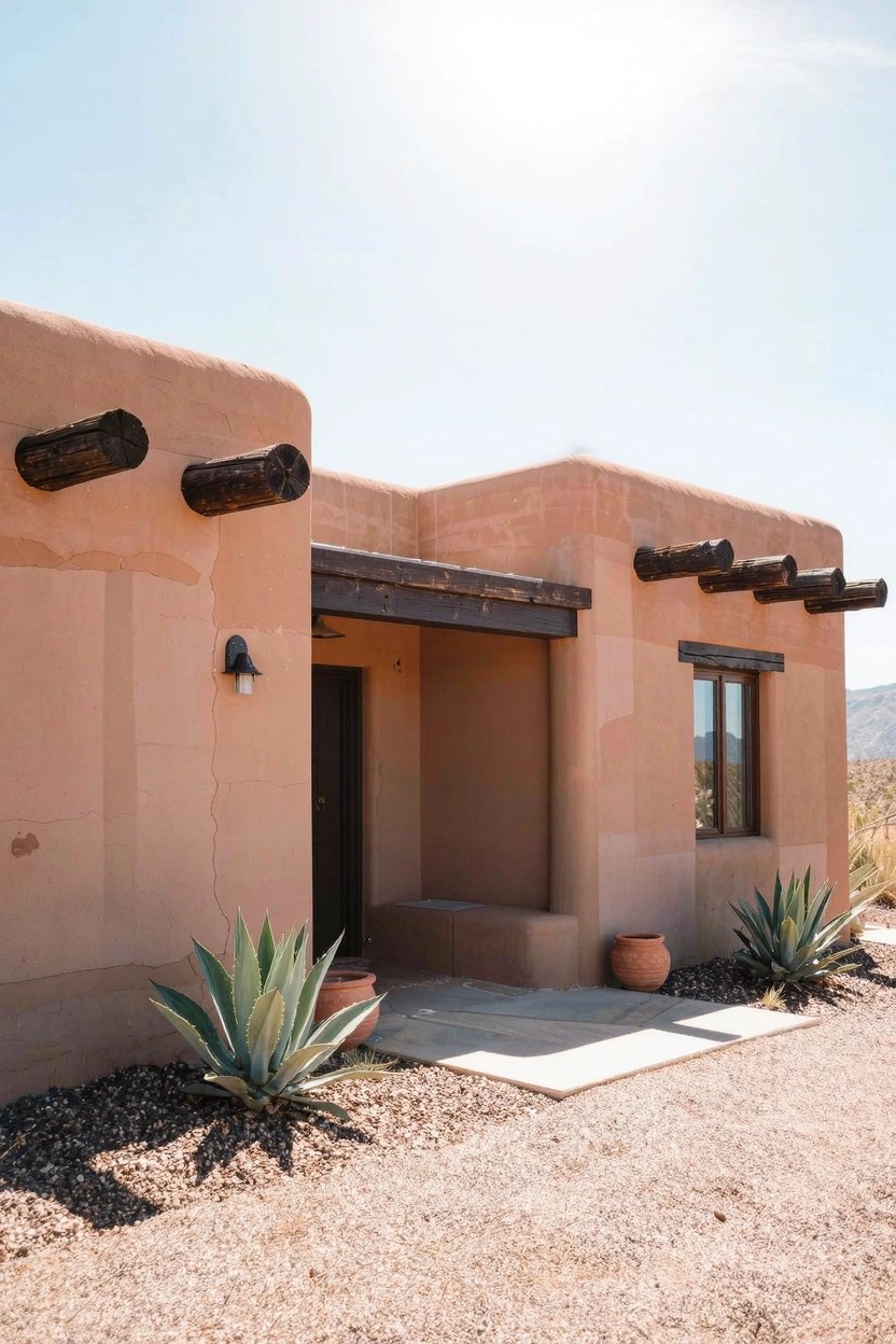 Pinkish beige adobe house with rounded walls, protruding dark wooden vigas, recessed wooden door entry, small windows, potted agave plants on gravel ground, and desert landscape background.