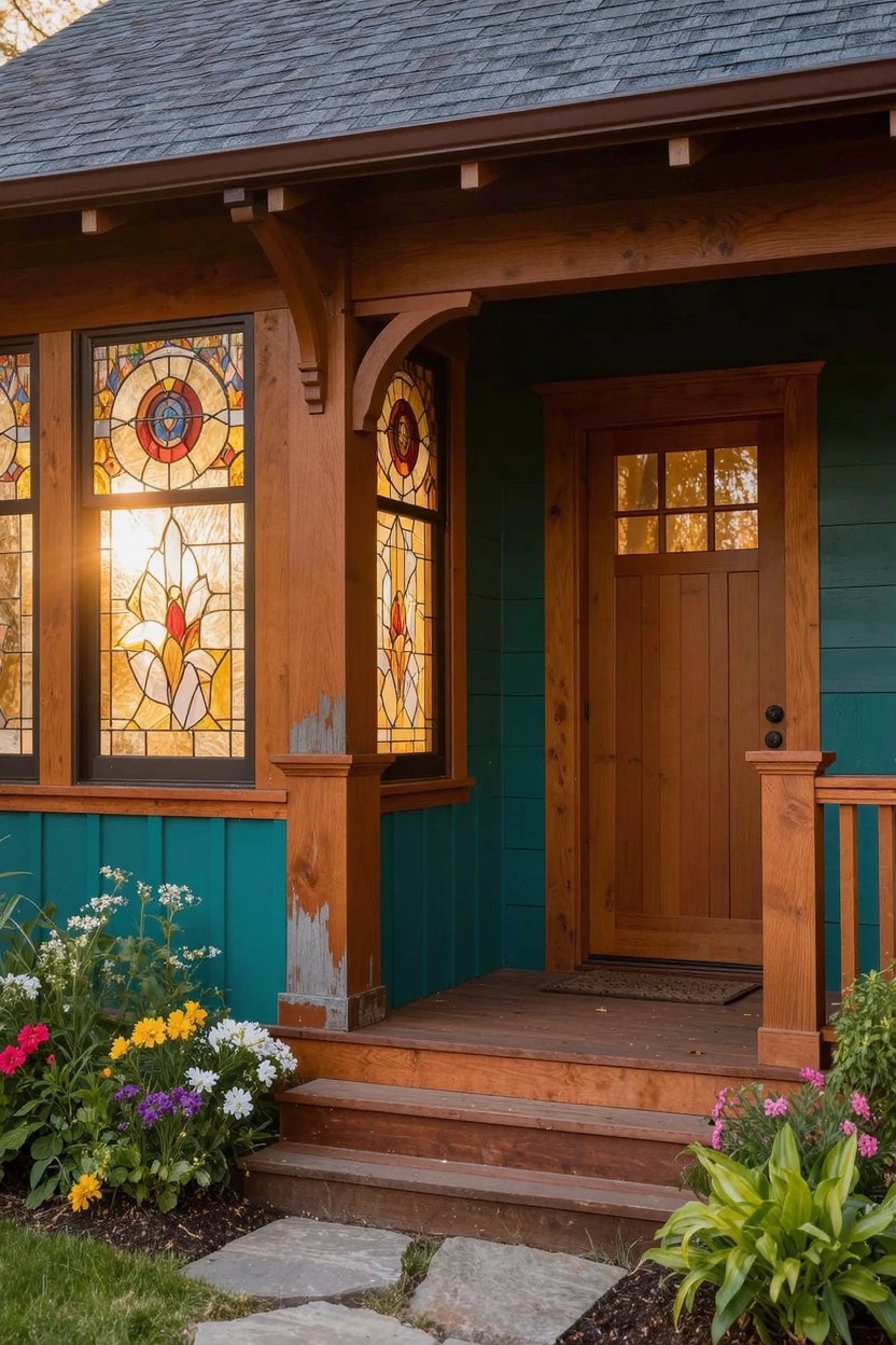 Teal house exterior with wooden covered porch, stained glass windows flanking a wooden front door, wood steps, stone pathway, and flowering plants in the yard.