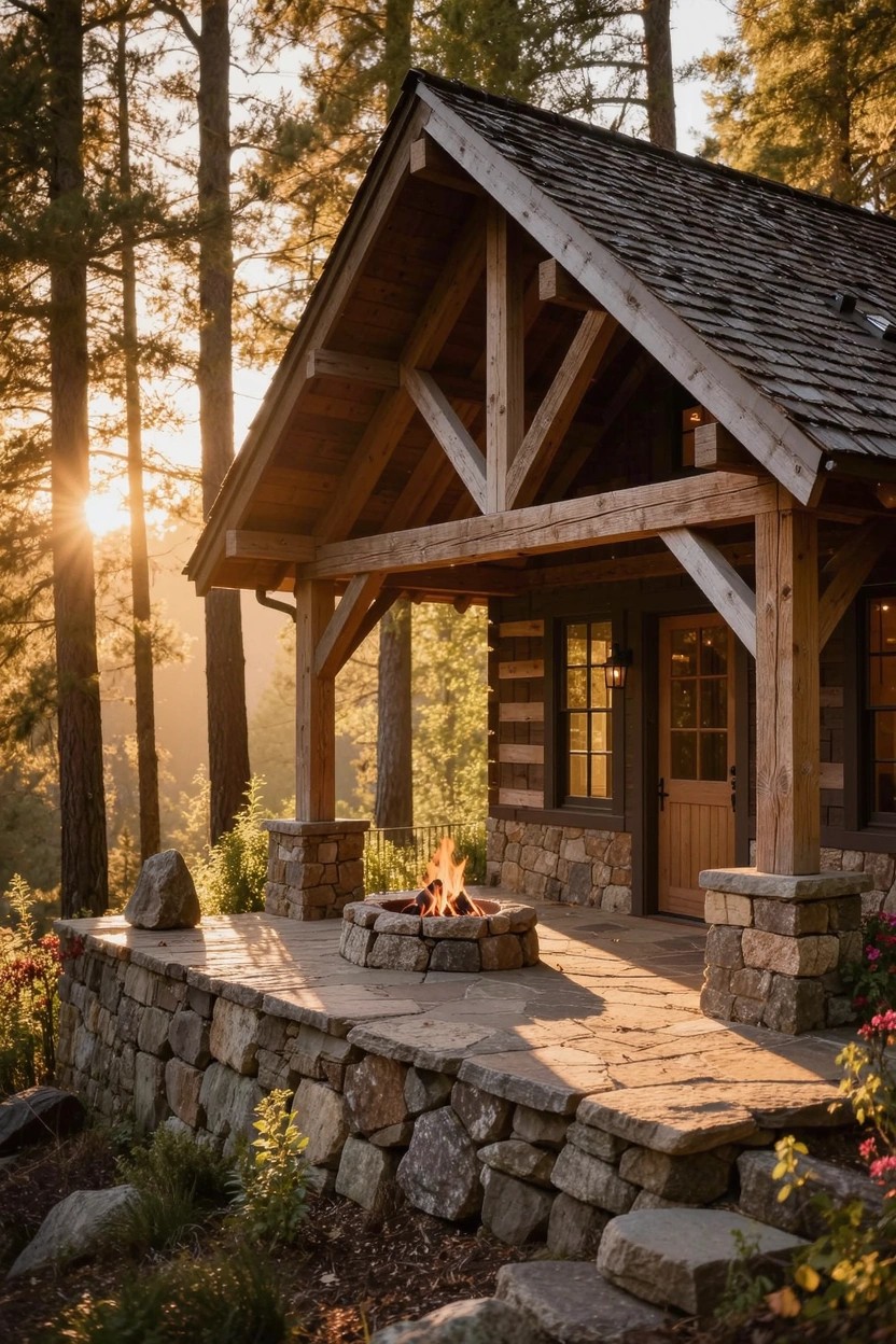 Rustic wooden cabin with shake roof, exposed beams, and porch adjacent to a flagstone patio centered on a stone fire pit encircled by boulders and plants in a forested setting at sunset.