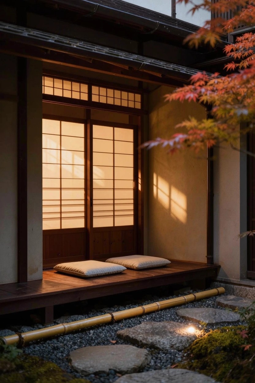 Japanese-style house exterior with glowing shoji sliding doors, wooden veranda platform holding two white cushions, gravel ground cover with irregular stepping stones, bamboo gutter, and overhanging red maple branches.