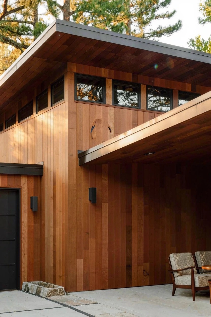 Modern house exterior featuring vertical warm-toned wood cladding, black garage door, covered overhang with lighting, stone trough, and two chairs with table on concrete pavers amid trees.