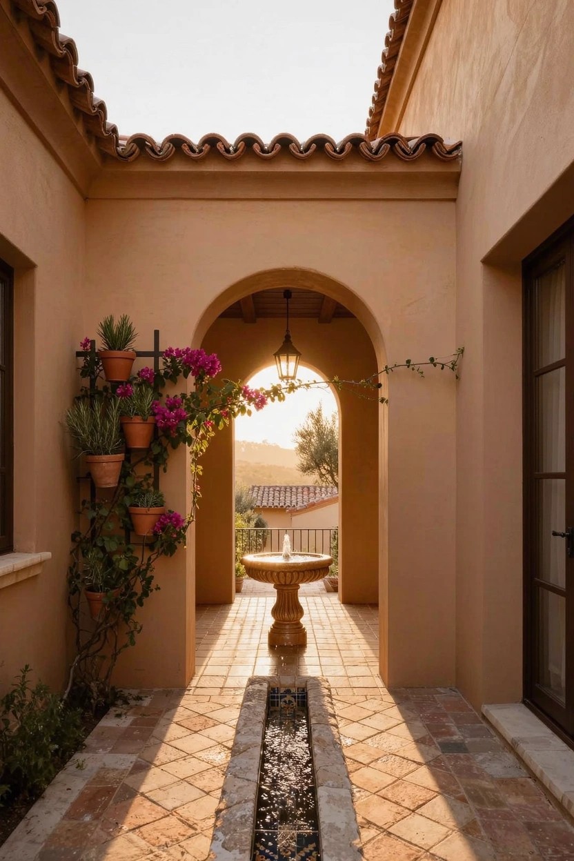 Beige stucco walls form a courtyard with a central arched entryway framed by pink bougainvillea in pots and climbing vines, a pedestal fountain on a tiled pathway with a stone water channel, hanging lantern, terracotta roof tiles, and distant hills at sunset.