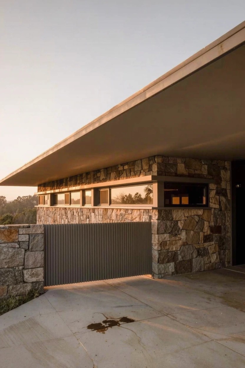 Modern house exterior with cantilevered flat roof extending over concrete driveway flanked by stone walls and narrow glass windows.