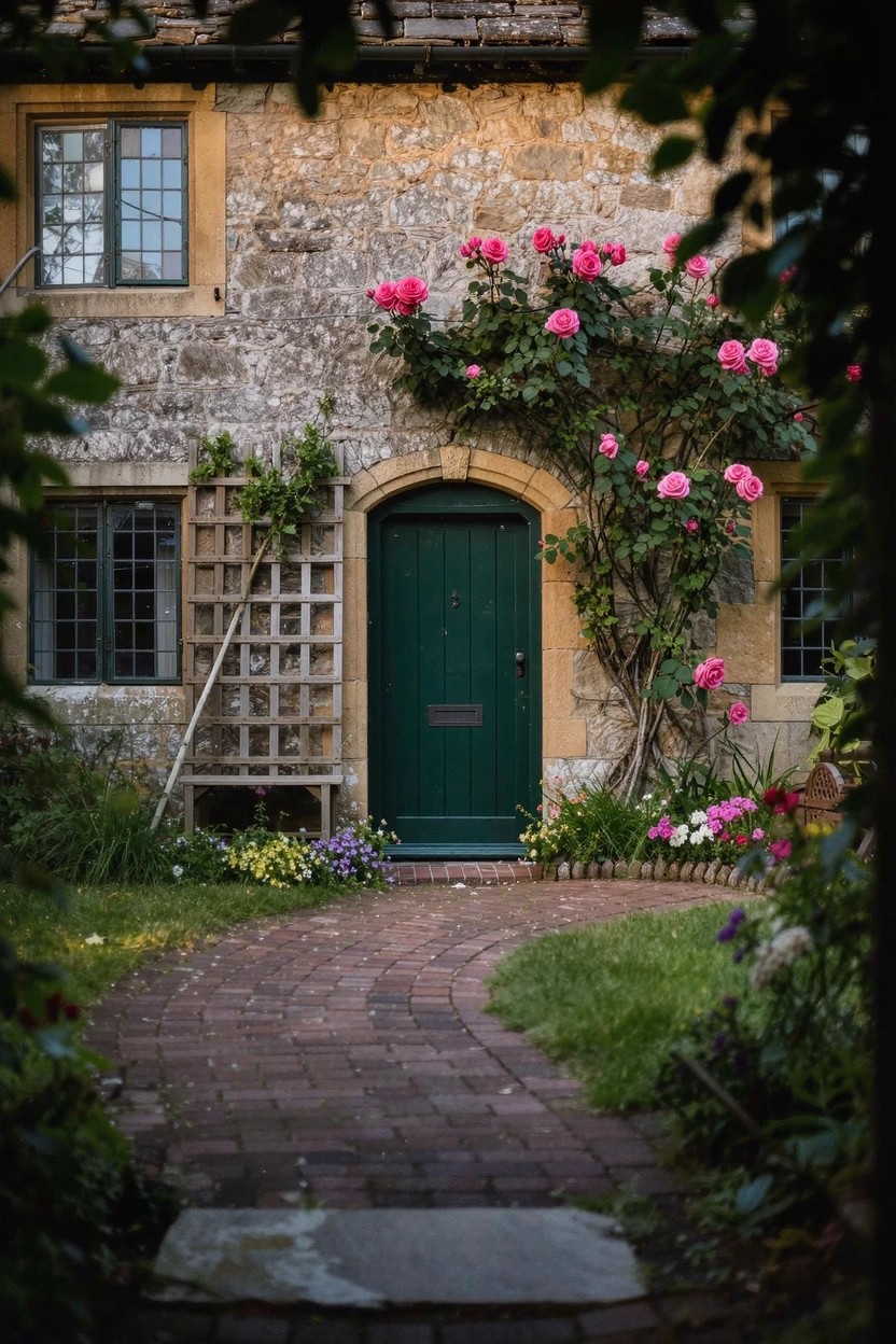 Stone cottage exterior with pink climbing roses growing up walls and trellis beside a green arched door, brick pathway leading to the entry, garden plants and grass nearby.
