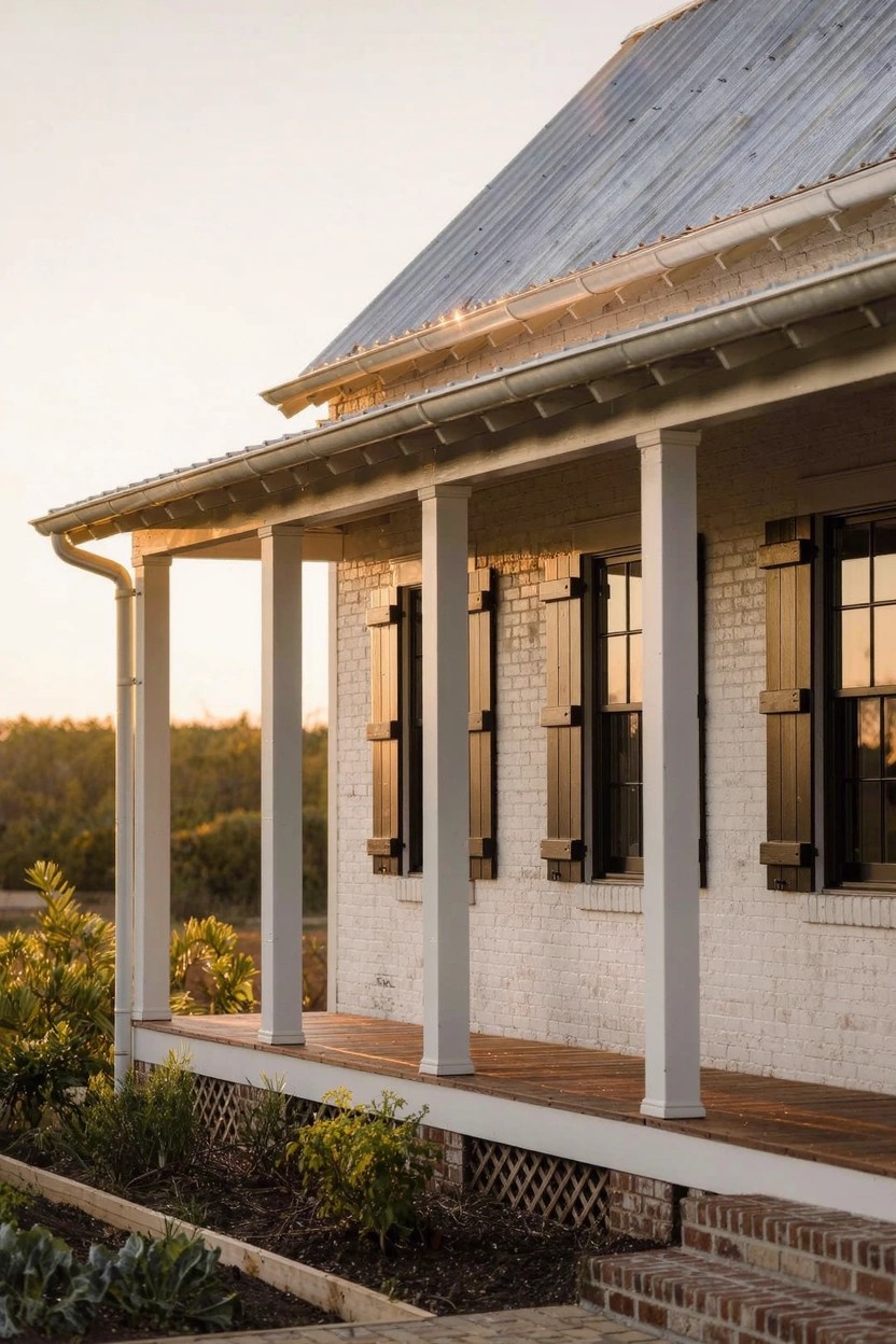 Side view of a white brick house with black shutters, a metal roof, porch supported by white columns, wooden deck, steps, and landscaped beds with plants at dusk.