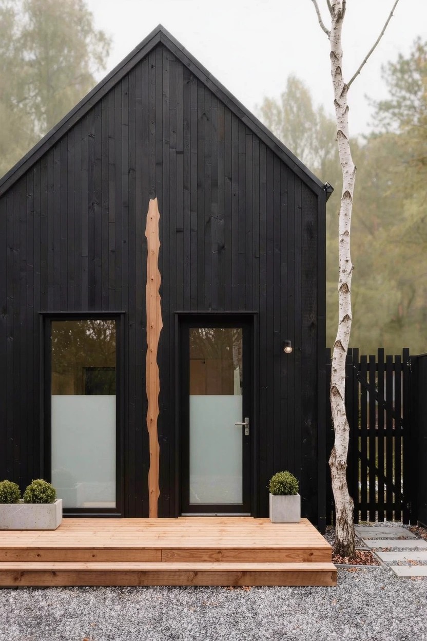 Small gabled house with black wood siding, two side-by-side frosted glass doors on a wooden deck porch, tall irregular wood post on facade, birch tree nearby, potted plants, gravel ground, and black fence.