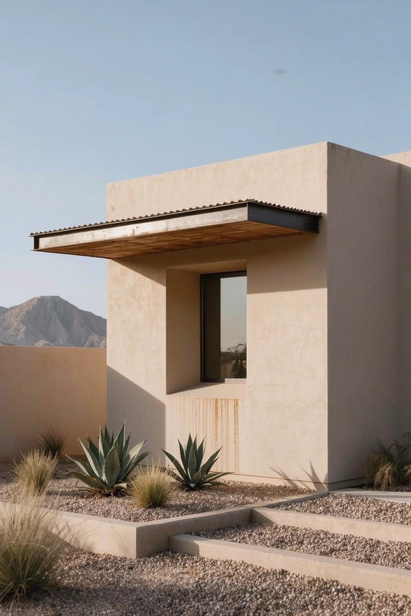 Beige stucco wall of a small house with metal awning over a window, raised gravel beds planted with agave and grasses, concrete-edged steps leading up, desert mountains in background.