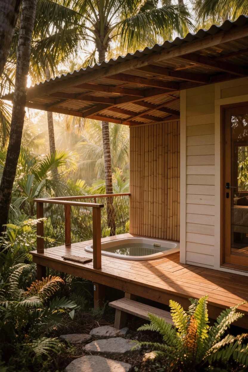 Small house with white siding and bamboo panels on an elevated wooden deck with inset hot tub, surrounded by tropical plants, palms, and stone path.