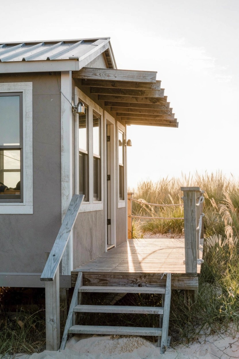 Side view of a small gray-sided house elevated on wooden pilings with a covered porch, double doors, large windows, wooden steps, deck railing, and surrounding sand dunes with sea grass.