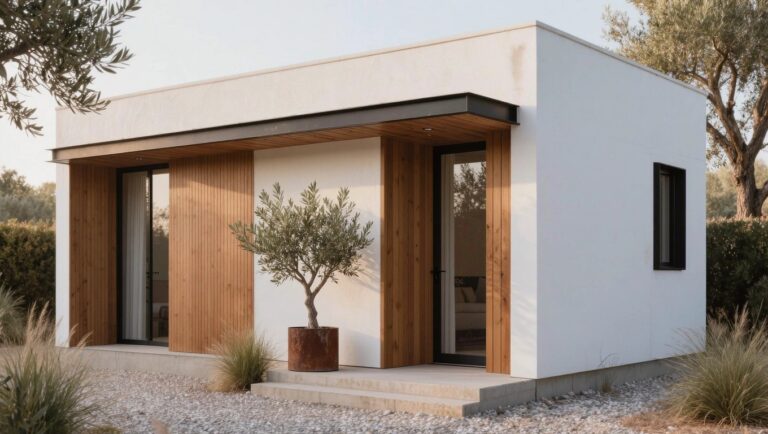Small white cubic house with vertical wooden double doors under a black cantilevered overhang, olive tree in rusted pot on gravel ground.