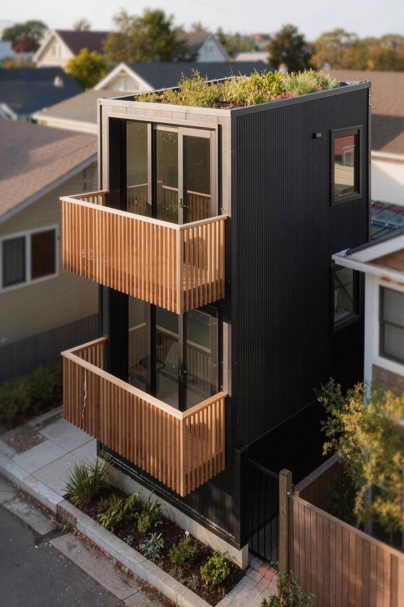 Tall narrow black house with green sedum roof, two levels of wooden balconies with glass walls, and landscaping at the base in a neighborhood of traditional homes.