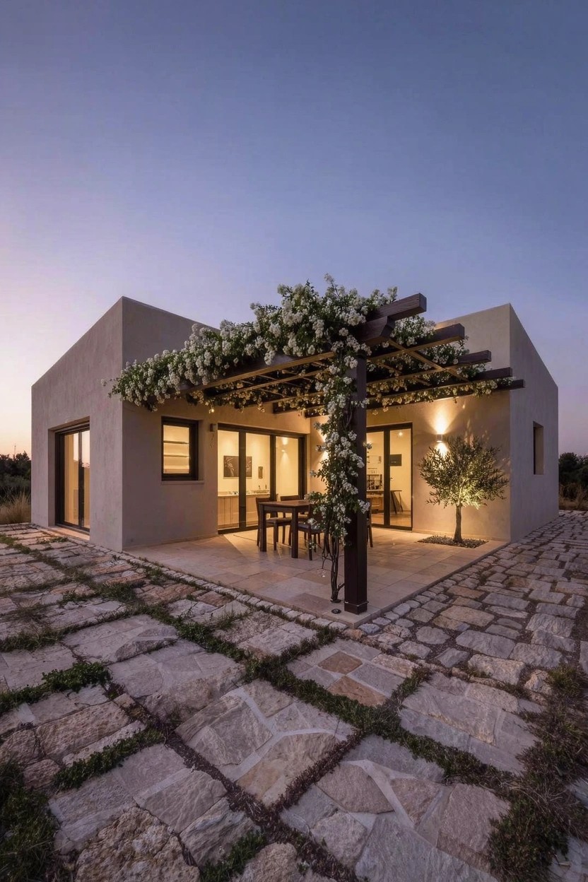 Beige stucco small house exterior at dusk with wooden pergola covered in white flowering vines over a stone-paved patio area that includes a table, chairs, and an olive tree.