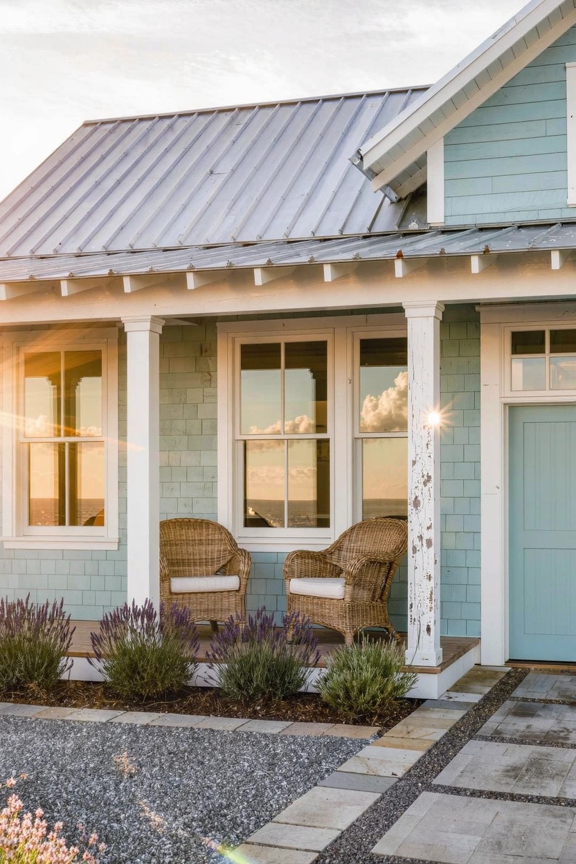 Light blue clapboard house with white trim and metal roof, featuring a covered front porch with white columns, two cushioned wicker chairs, potted lavender plants along the edge, turquoise front door, gravel driveway, and stone pathway at sunset.