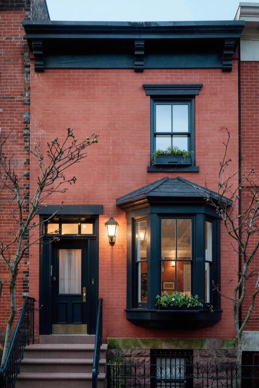 Narrow two-story red brick rowhouse with black window and door trim, bay window, front steps, lantern light, and potted plants at dusk.