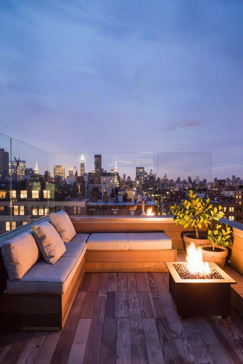 Rooftop terrace with beige L-shaped built-in bench seating around a black square gas fire pit, potted lemon tree and other plants, glass railings, wooden deck flooring, and city skyline view at dusk.