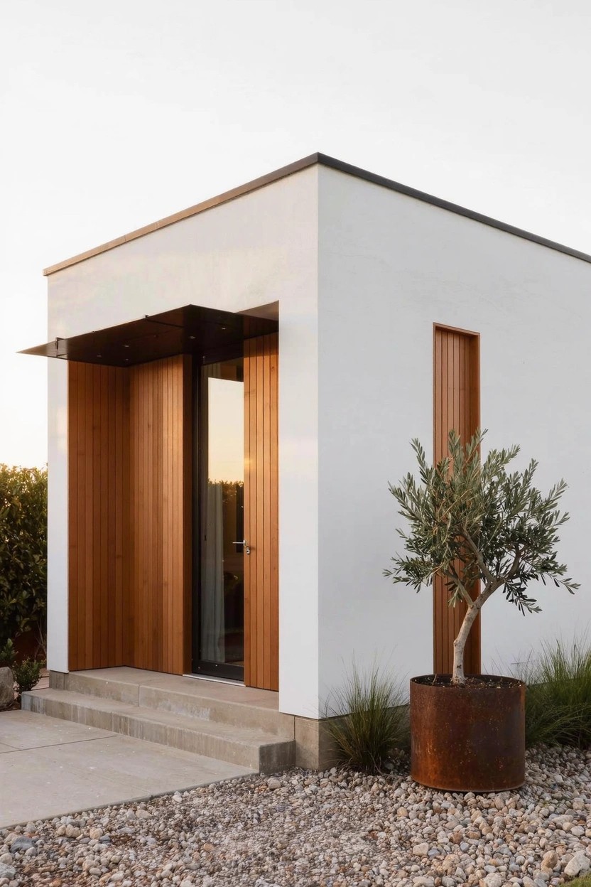 Small white cubic house with vertical wooden double doors under a black cantilevered overhang, olive tree in rusted pot on gravel ground.
