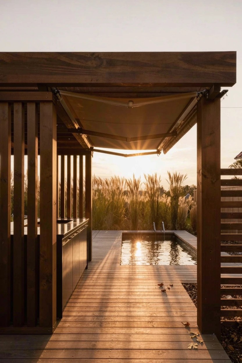 Wooden pergola with vertical slats covering an outdoor kitchen area next to a small rectangular pool on a deck, surrounded by tall grasses.
