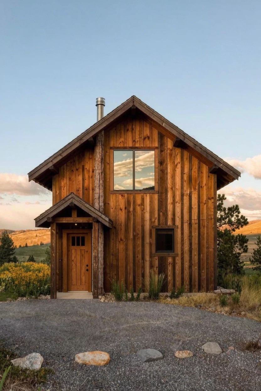 Small wooden cabin with vertical siding, gabled roof, covered entry porch, large front window, gravel driveway with stepping stones, wildflowers, and distant mountains under partly cloudy sky.